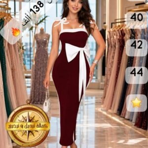 👗 فستان أنيق خمري وأبيض - تصميم فخم