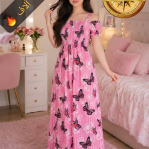 👗 فستان ماكسي وردي - طبعة الفراشات