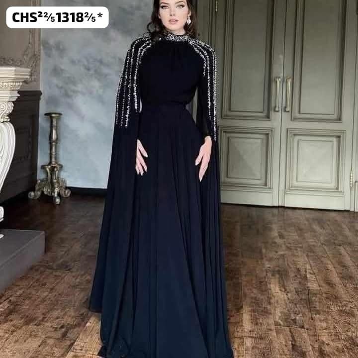 فستان سهرة شيفون ملكي أجنبي حريم السلطان بتطريز فاخر يمنحك حضورًا لا يُنسى - الصورة 2